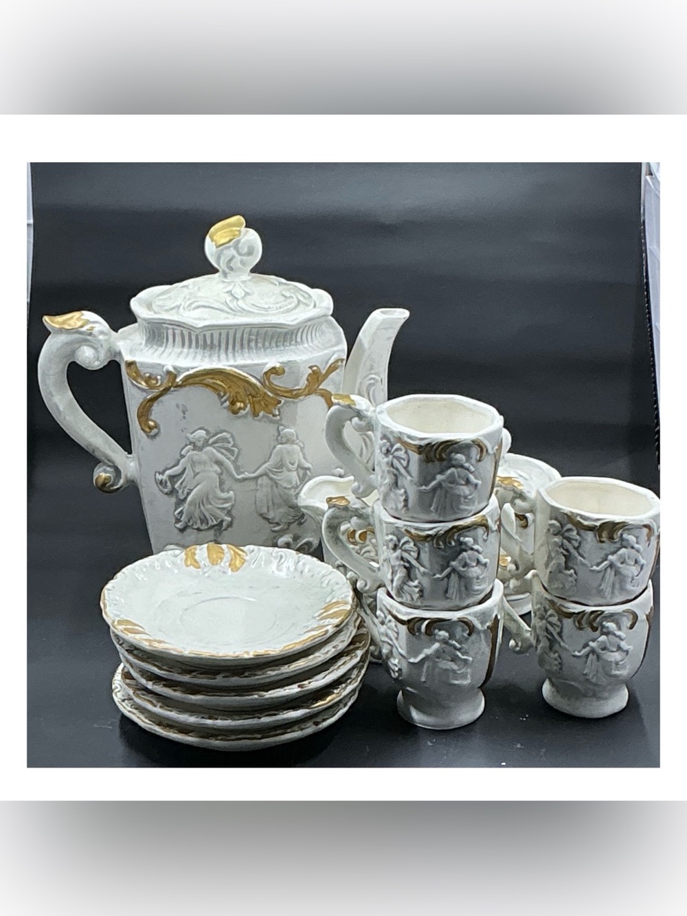 Vintage Royal Sealy Tea Set Service for 5 White and Gold Art Nouveau Style